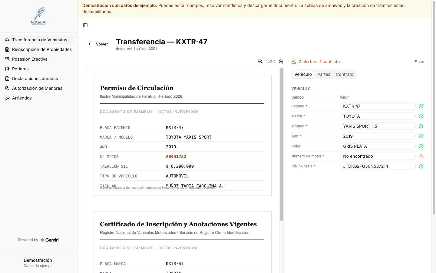 Captura de la demo pública de NotariAI: documento fuente a la izquierda, campos extraídos y validados a la derecha. Documentos rotulados como datos de ejemplo.